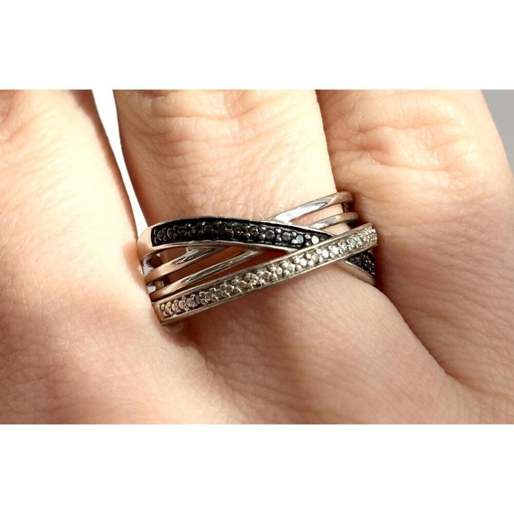CZ & Black Spinel Multi Shanked Unusual 925 Sterling Silver Vintage Ring - sz 7